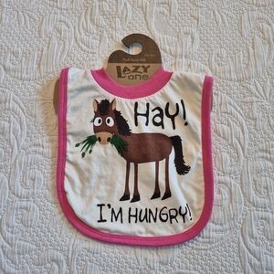 Lazy One pull over jersey bib "Hay I'm Hungry" horse off white & pink New